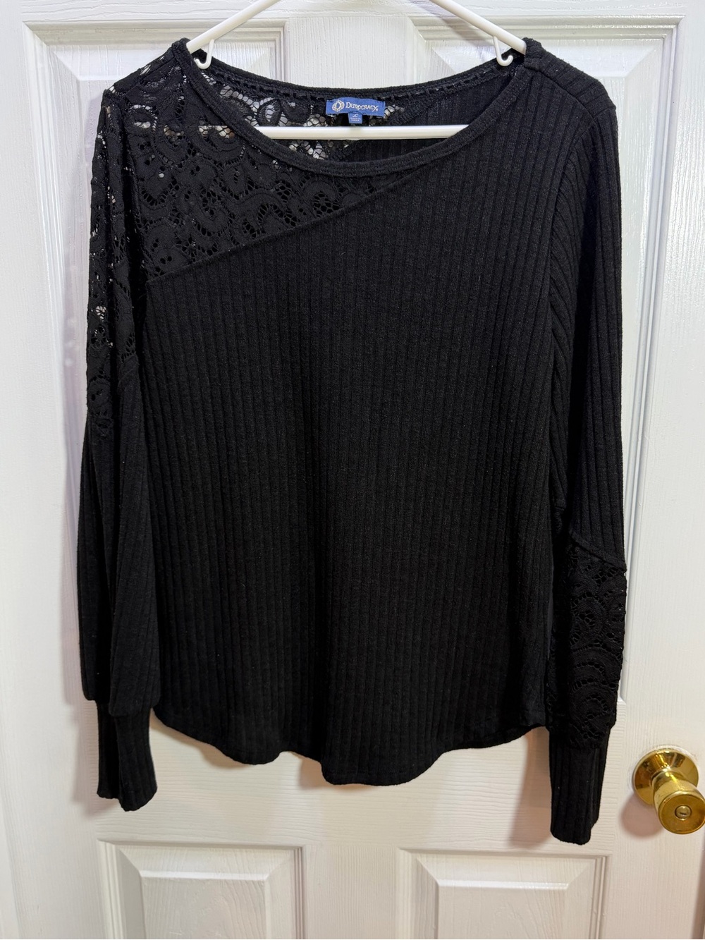 Democracy Black Ribbed Sweater with Lace Insets